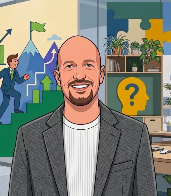 Cartoon portrait of Shaun Deans, founder of Kadeo